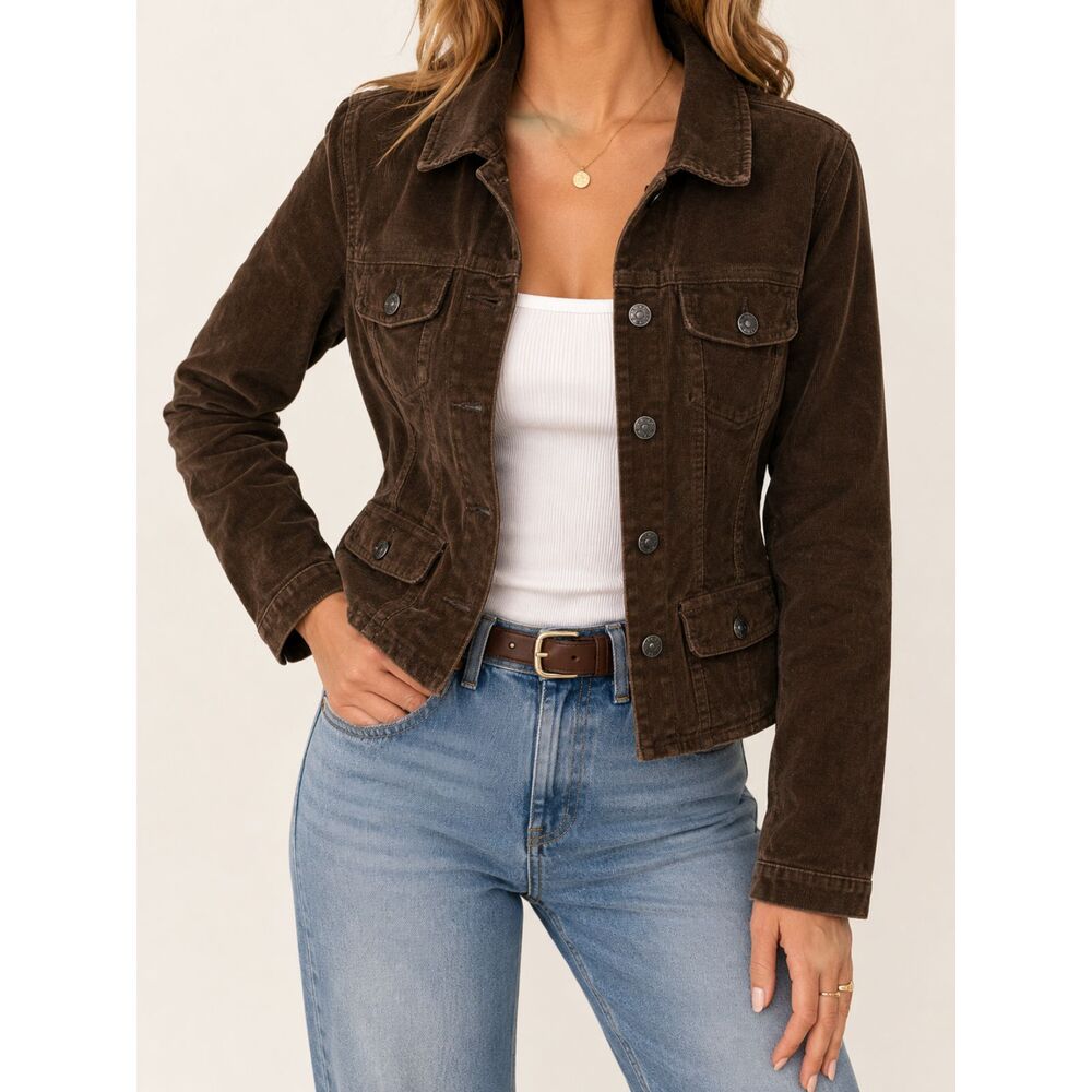Baccini Brown Corduroy Trucker Jacket Womens M Y2K 90s Utility Grunge Stretch